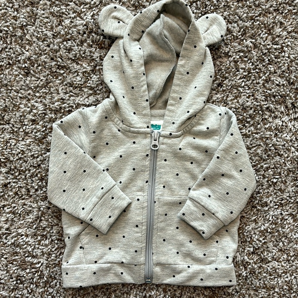 Mighty Goods baby hoodie, grey with black polka dots, size 3 mos